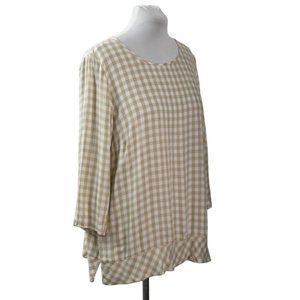 J Jill Top Blouse Womens XL Beige White Checked Rayon